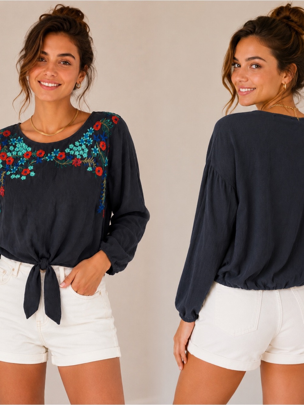Annabelle Charcoal Embroidered Tie-Front Peasant Top